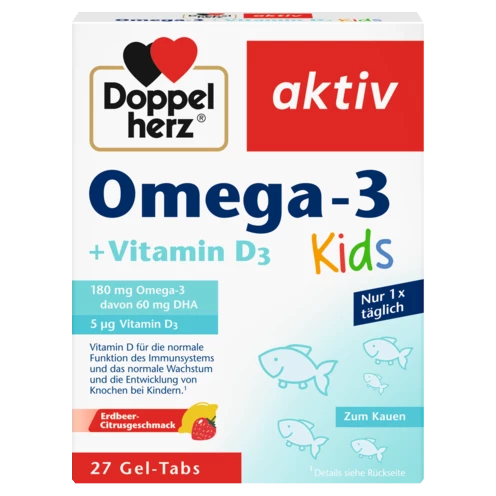 Abbildung der Produktverpackung Doppelherz aktiv Omega-3 + Vitamin D3 Kids Frontansicht